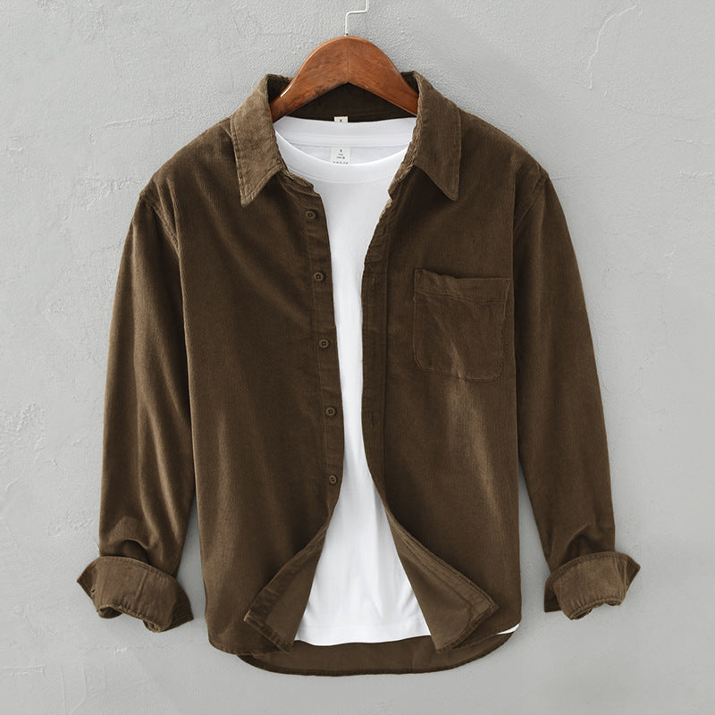Men's corduroy shirt with pointed collar, button front, chest pocket and rolled cuffs
