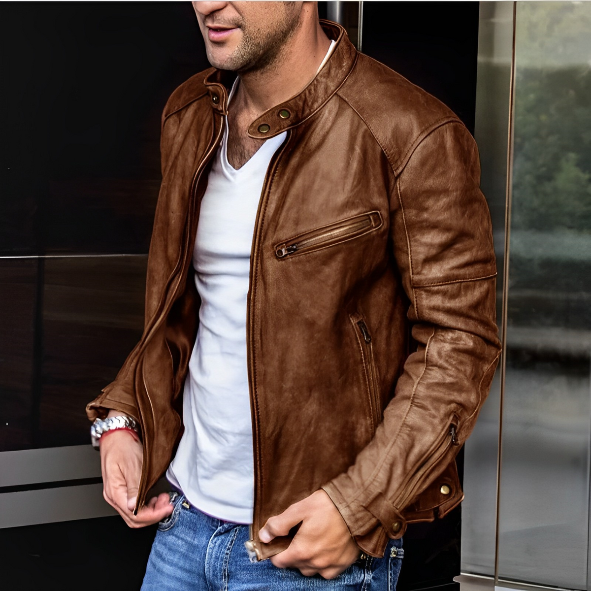 Men's biker jacket with stand collar, long sleeves and multiple zip pockets