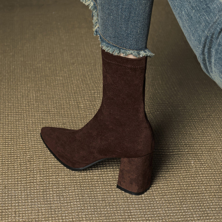Women's ankle boots with pointed toes, side zips and block heels