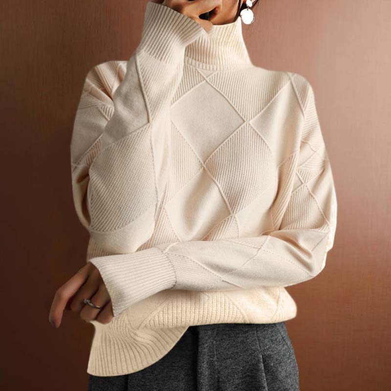 Women's geometric mock neck jumper with long sleeves and ribbed trims