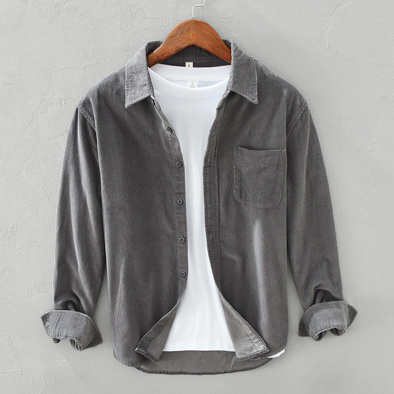 Men's corduroy shirt with pointed collar, button front, chest pocket and rolled cuffs