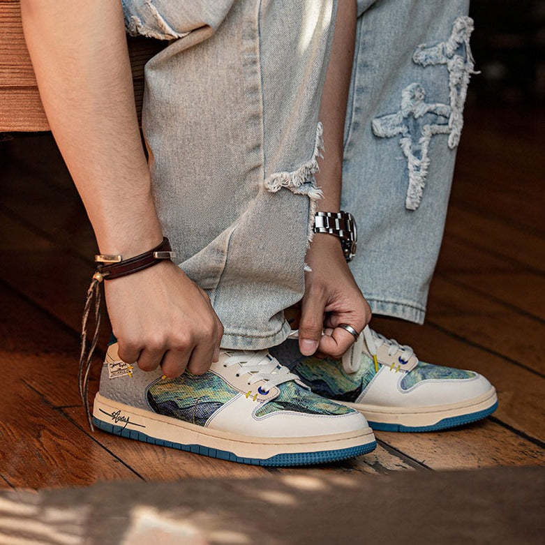 Unisex lace-up sneakers with multicoloured landscape artwork and blue soles