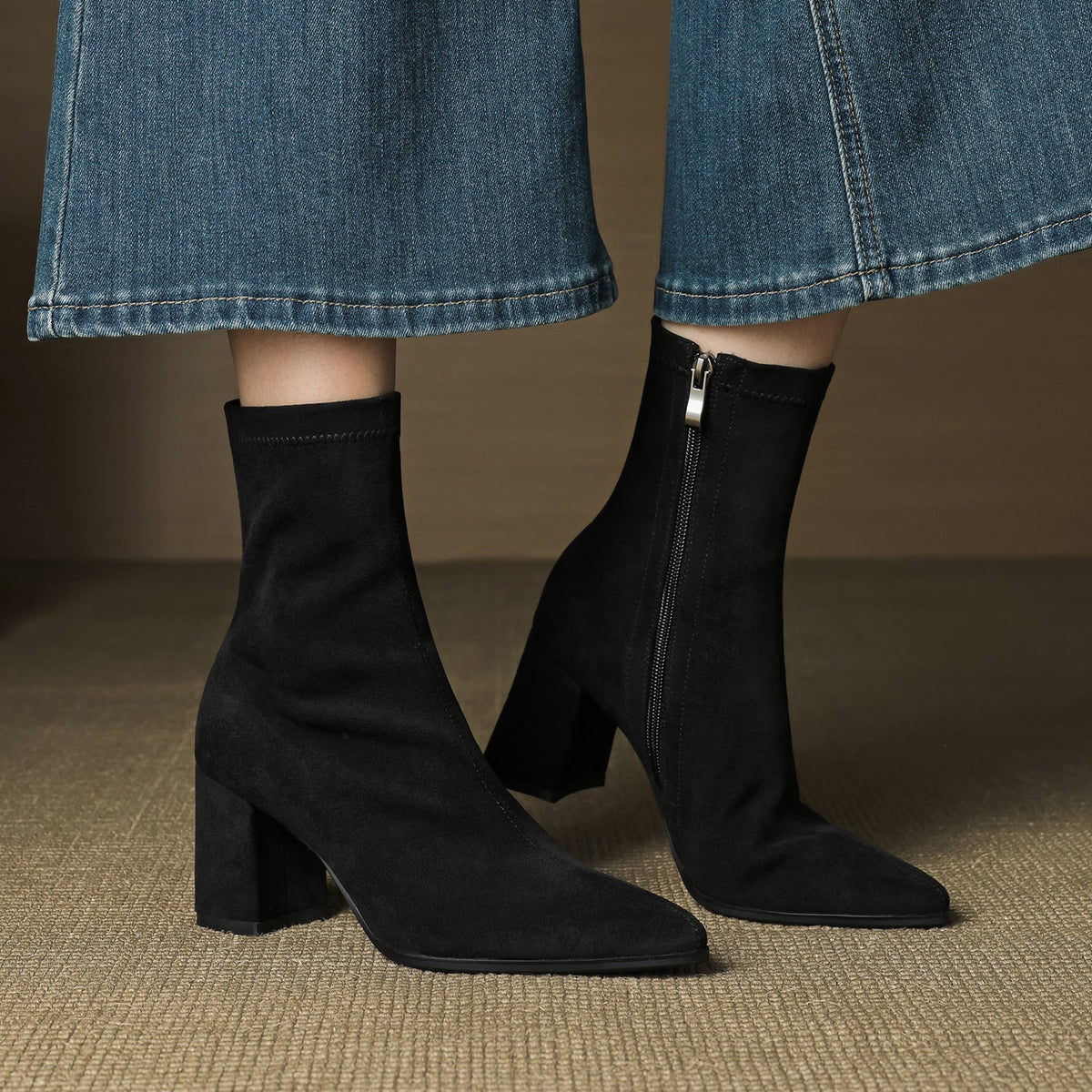 Women's ankle boots with pointed toes, side zips and block heels