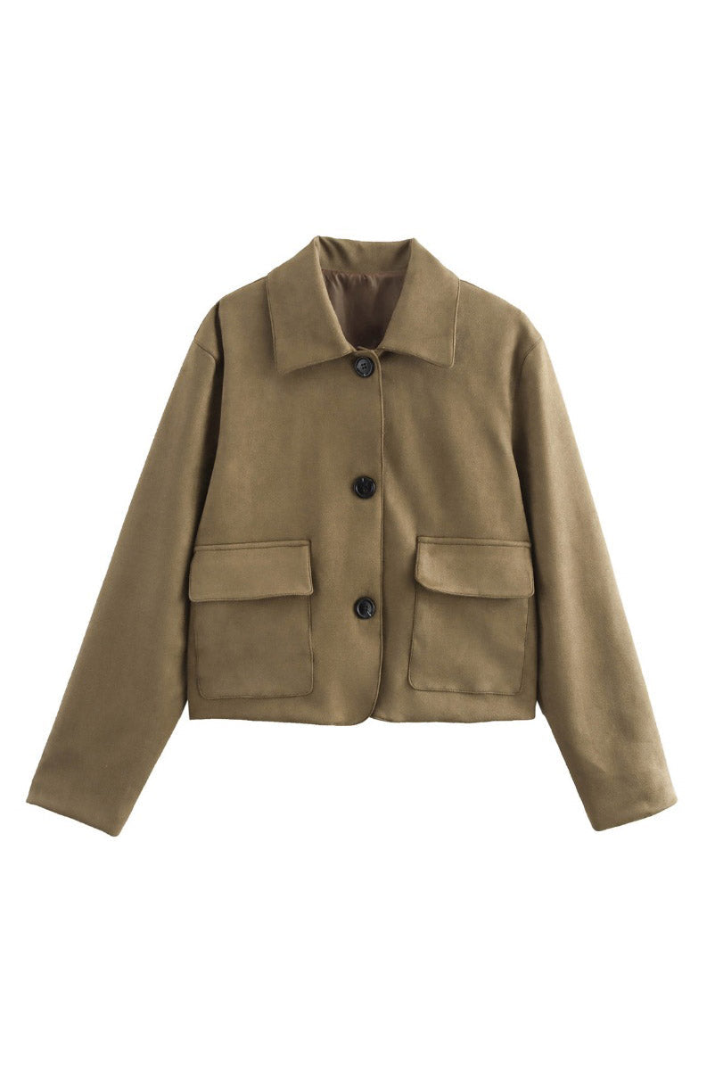 Women's sand cropped jacket with pointed collar, button front and flap pockets