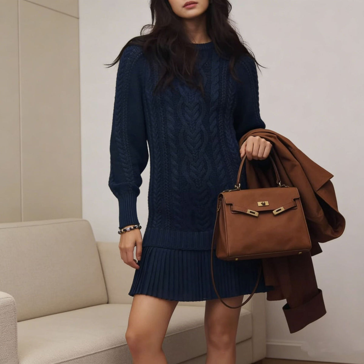 Women's cable knit mini sweater dress with crew neckline and long sleeves