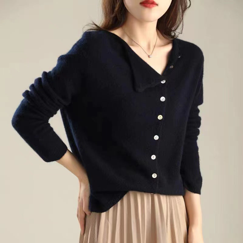 Women's long-sleeved button-front cardigan with ribbed trim