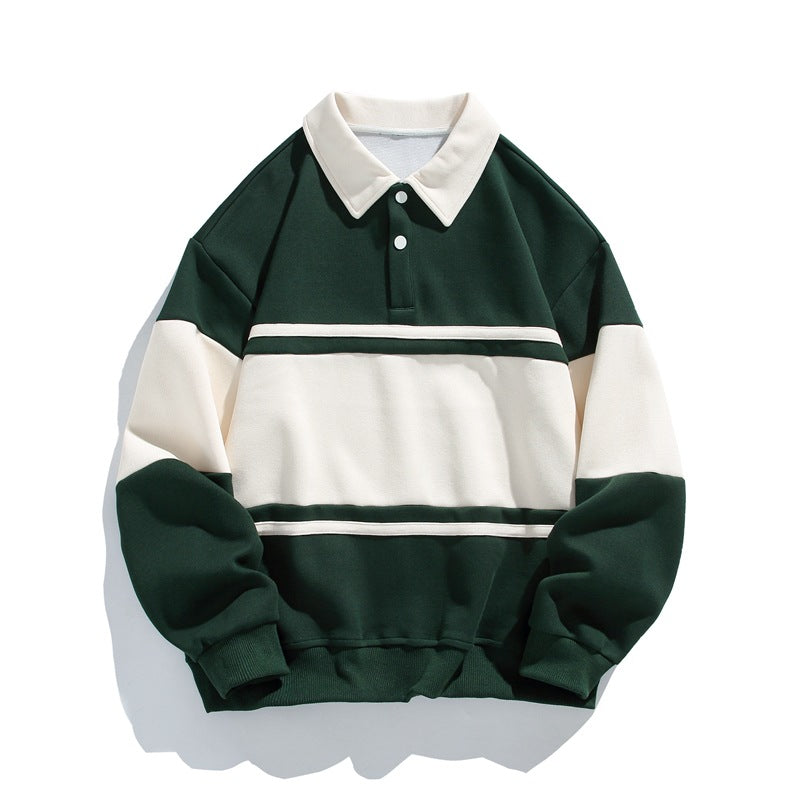 Men's long-sleeved colour-block polo sweatshirt with collared neckline and button placket