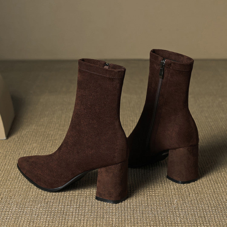 Women's ankle boots with pointed toes, side zips and block heels