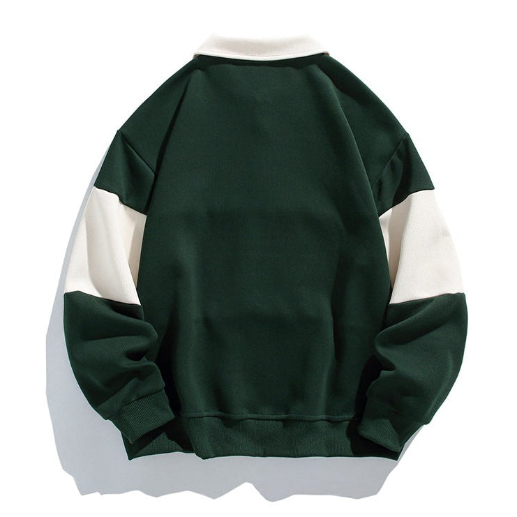 Men's long-sleeved colour-block polo sweatshirt with collared neckline and button placket