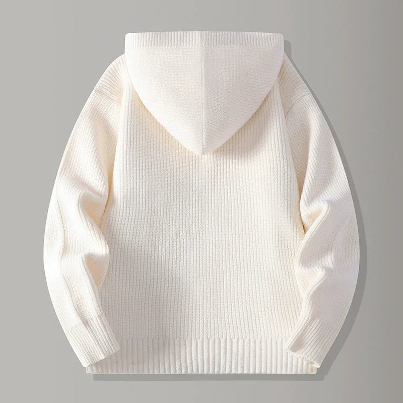 Men's hooded ribbed knit cardigan with button front and patch pockets