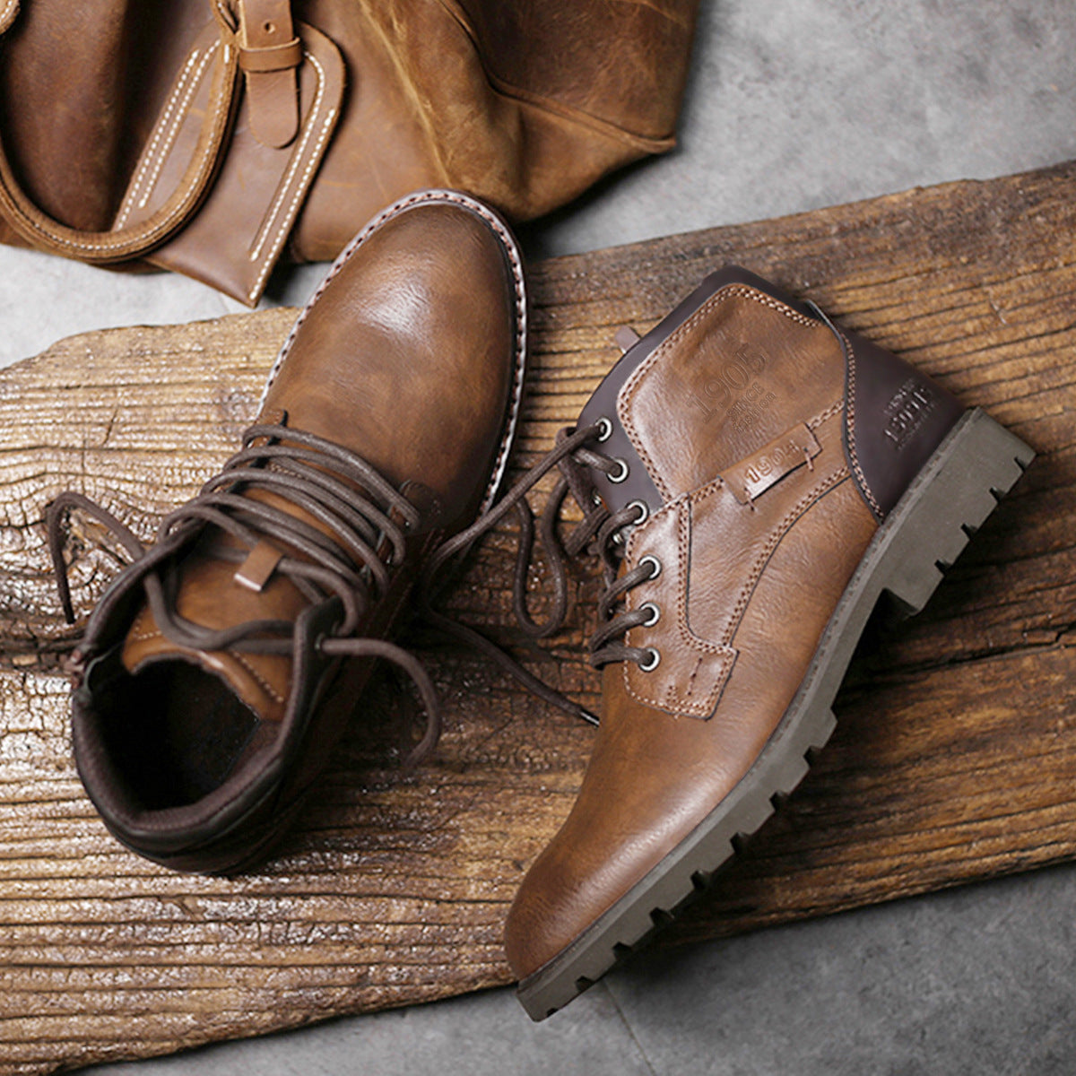 Men's lace-up ankle boots with rounded toes and rugged lug soles