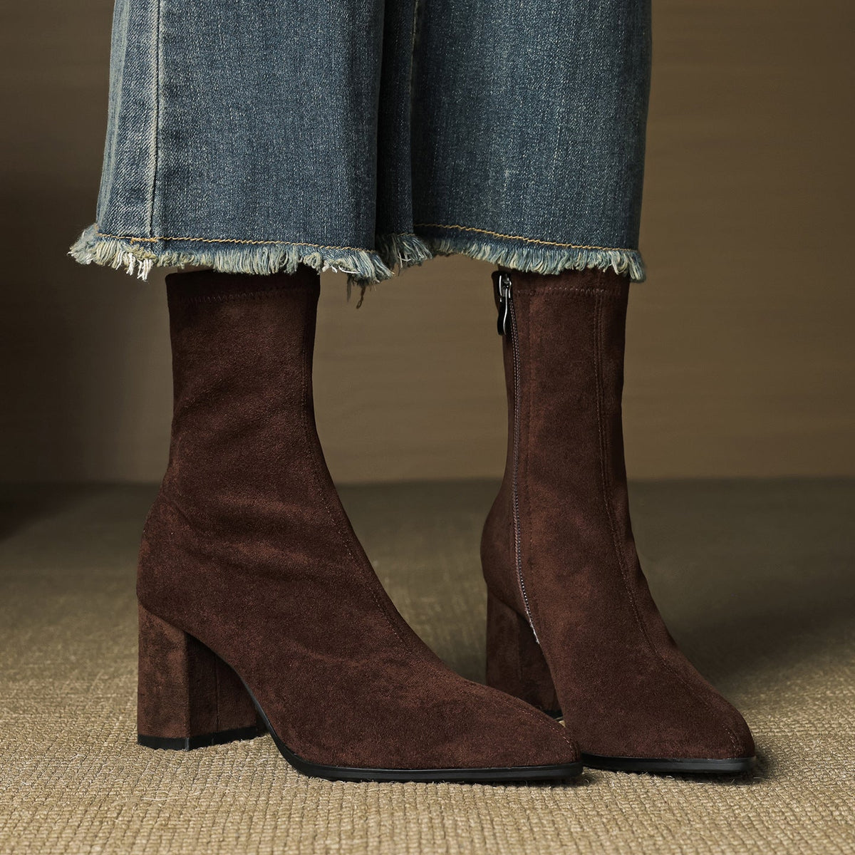 Women's ankle boots with pointed toes, side zips and block heels