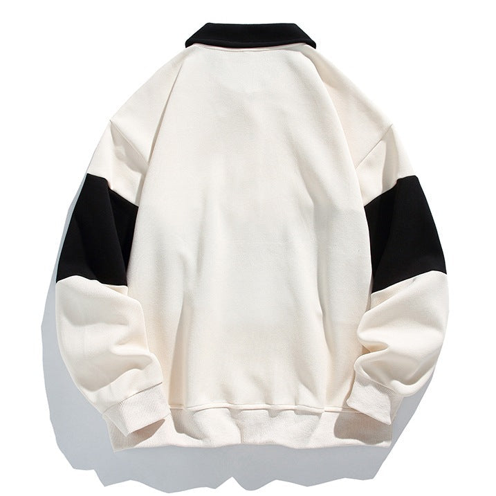 Men's long-sleeved colour-block polo sweatshirt with collared neckline and button placket