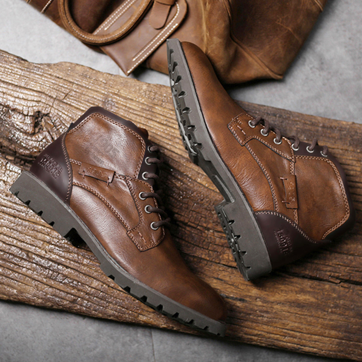 Men's lace-up ankle boots with rounded toes and rugged lug soles