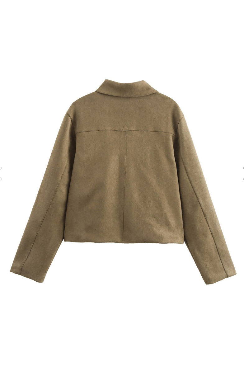 Women's sand cropped jacket with pointed collar, button front and flap pockets