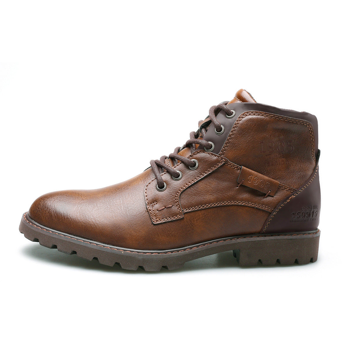 Men's lace-up ankle boots with rounded toes and rugged lug soles
