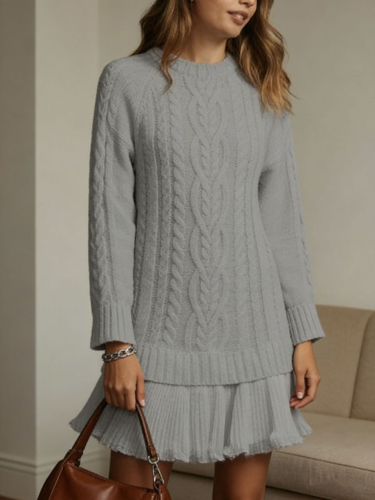 Women's cable knit mini sweater dress with crew neckline and long sleeves