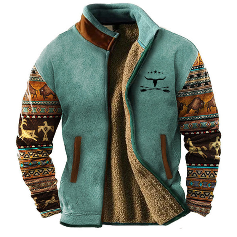 Men's fleece jacket with geometric patterned sleeves, raised collar and front zip