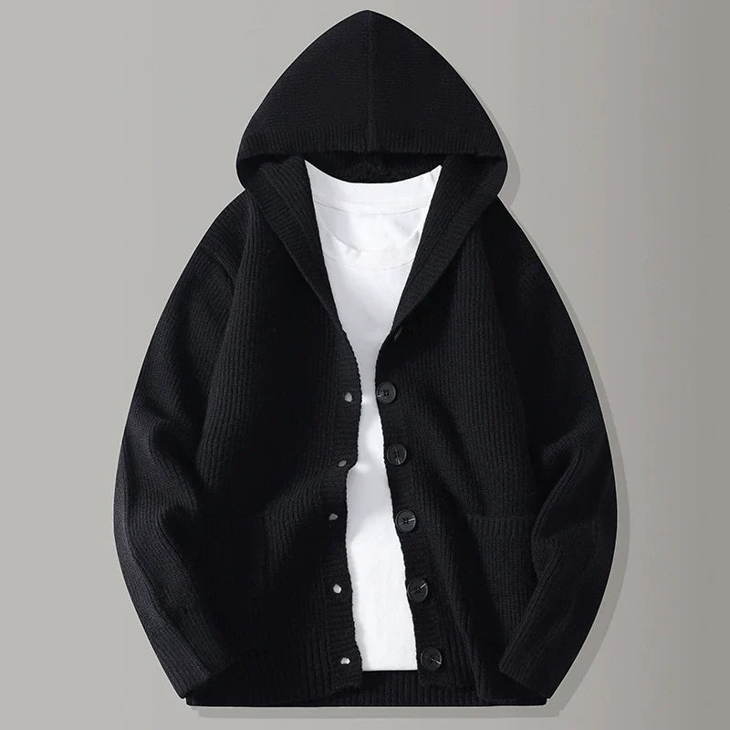 Men's hooded ribbed knit cardigan with button front and patch pockets
