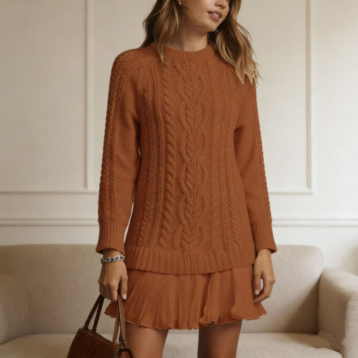 Women's cable knit mini sweater dress with crew neckline and long sleeves