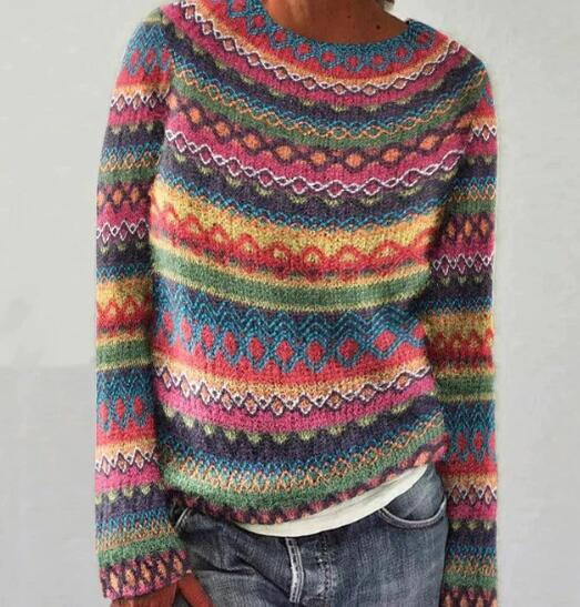 Women's multicoloured striped long-sleeve jumper with round neckline