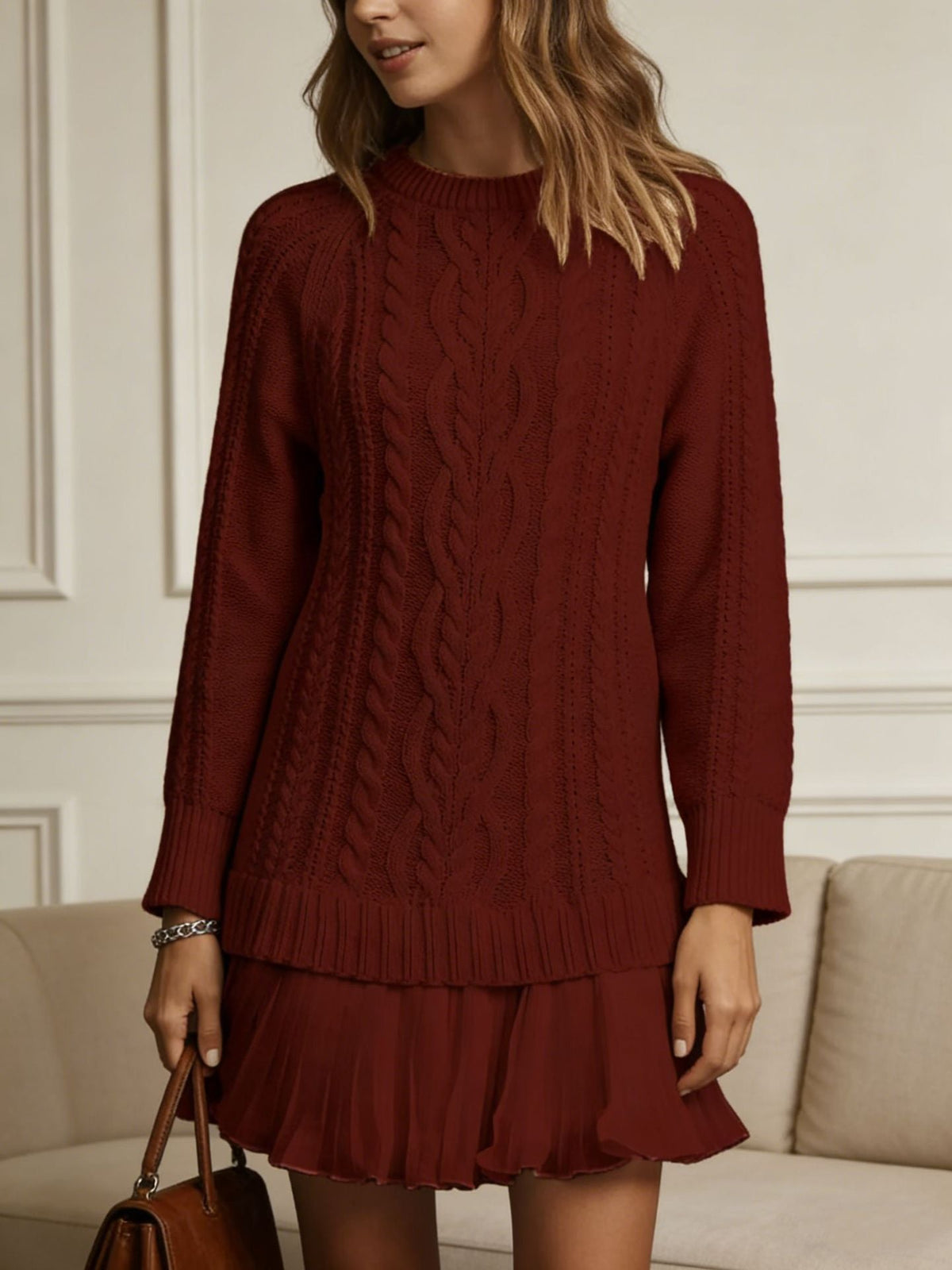 Women's cable knit mini sweater dress with crew neckline and long sleeves