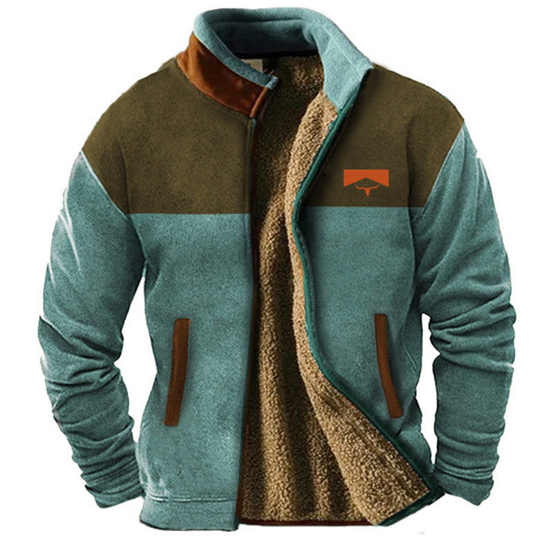 Men's fleece jacket with geometric patterned sleeves, raised collar and front zip