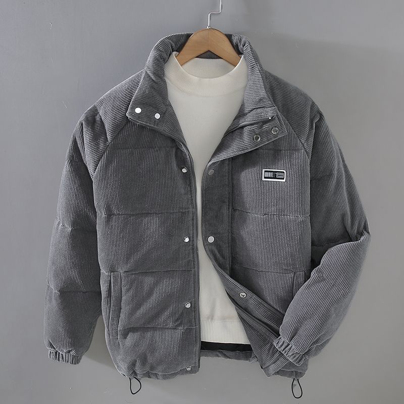 Men's corduroy padded jacket with mock collar, long sleeves and front pockets