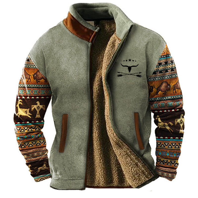 Men's fleece jacket with geometric patterned sleeves, raised collar and front zip