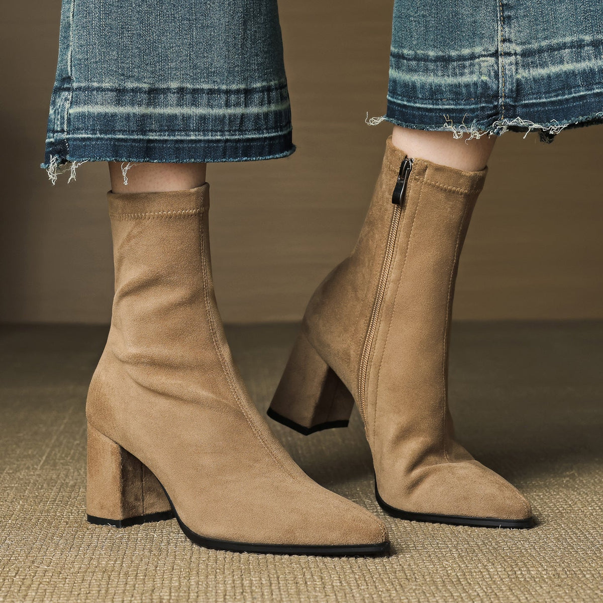 Women's ankle boots with pointed toes, side zips and block heels