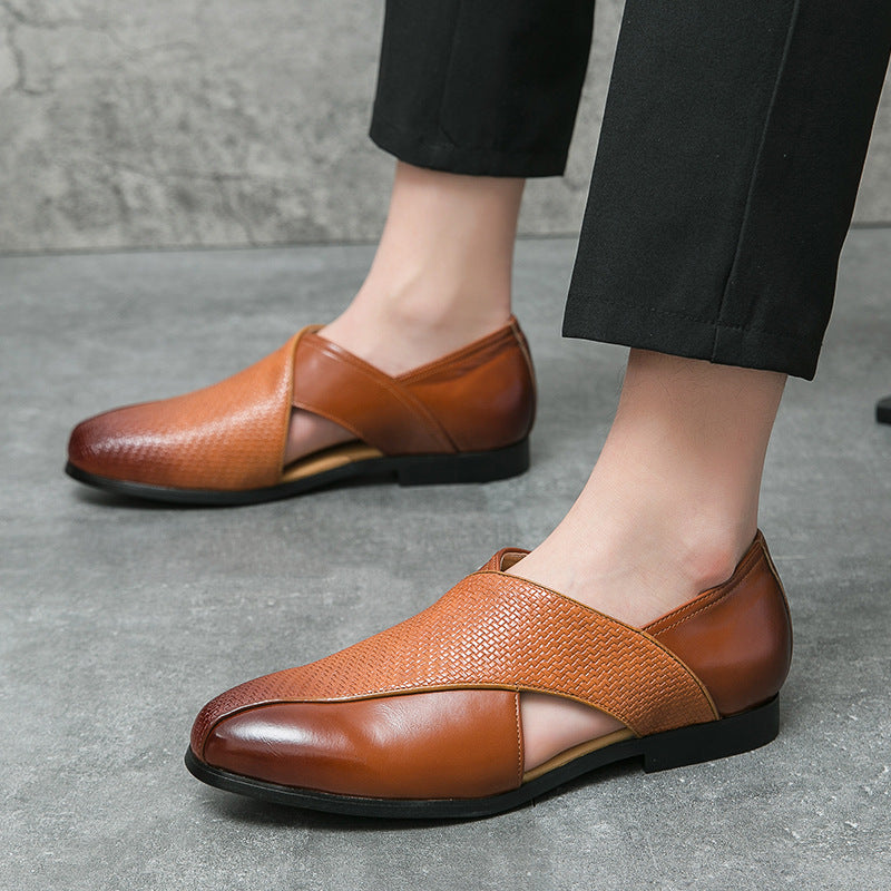 Men's two-tone textured slip-on loafer with rounded toe and flat sole