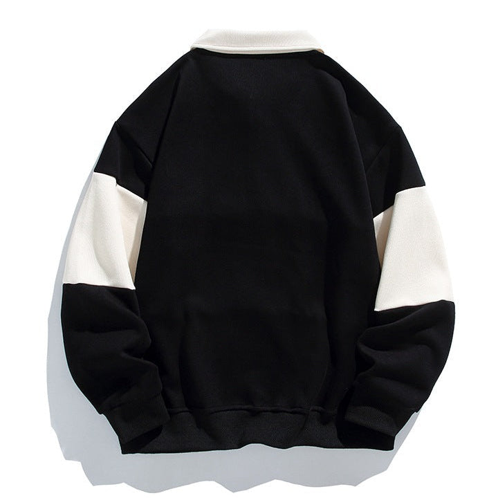 Men's long-sleeved colour-block polo sweatshirt with collared neckline and button placket