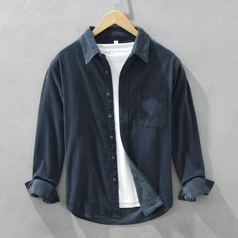 Men's corduroy shirt with pointed collar, button front, chest pocket and rolled cuffs