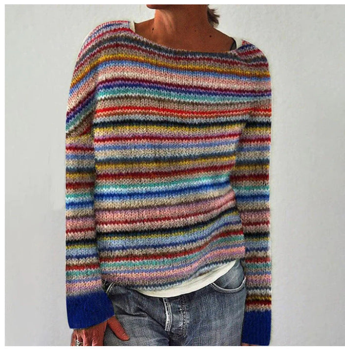 Women's multicoloured striped long-sleeve jumper with round neckline