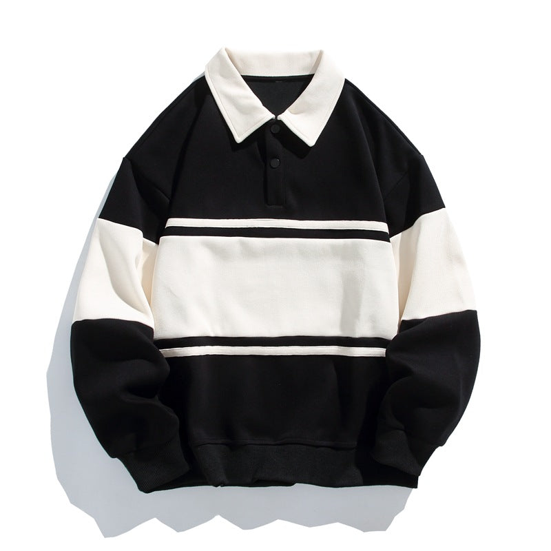 Men's long-sleeved colour-block polo sweatshirt with collared neckline and button placket