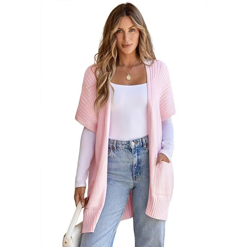 Women's open-front ribbed knit cardigan with short sleeves and patch pockets
