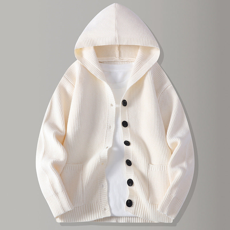 Men's hooded ribbed knit cardigan with button front and patch pockets