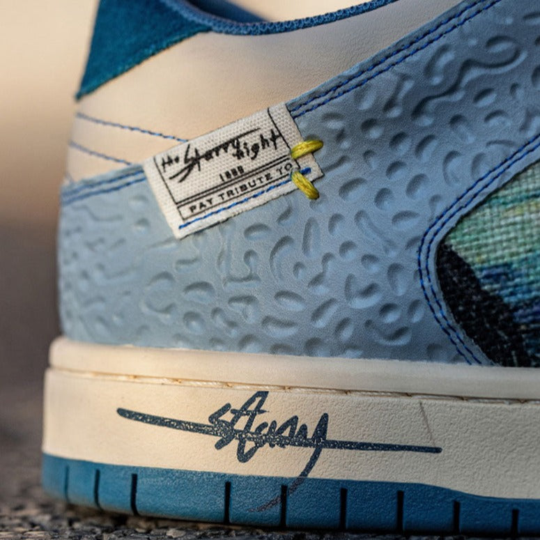 Unisex lace-up sneakers with multicoloured landscape artwork and blue soles