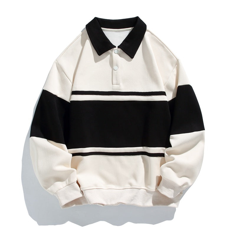 Men's long-sleeved colour-block polo sweatshirt with collared neckline and button placket