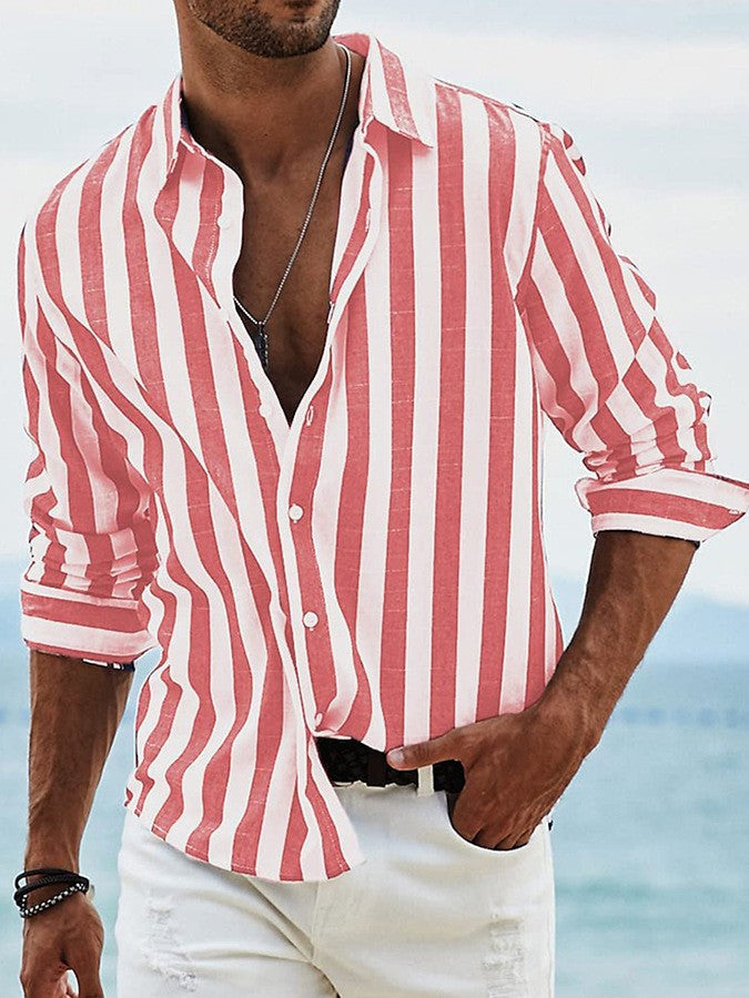 Men's striped button-front shirt with collared neckline and rolled sleeves