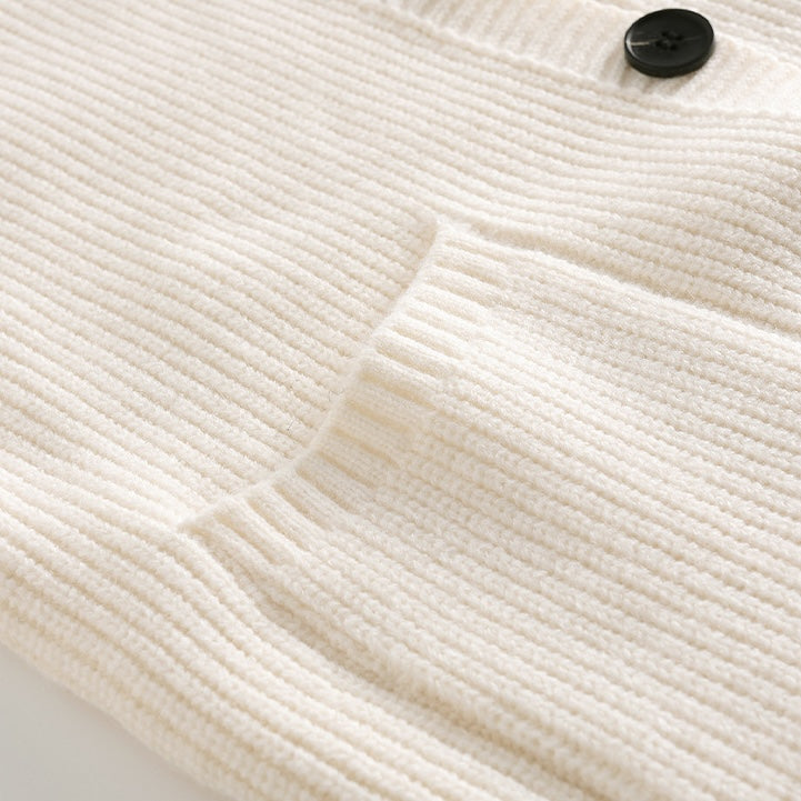 Men's hooded ribbed knit cardigan with button front and patch pockets
