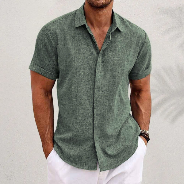 Men's short sleeve collared button shirt with open neckline and curved hem