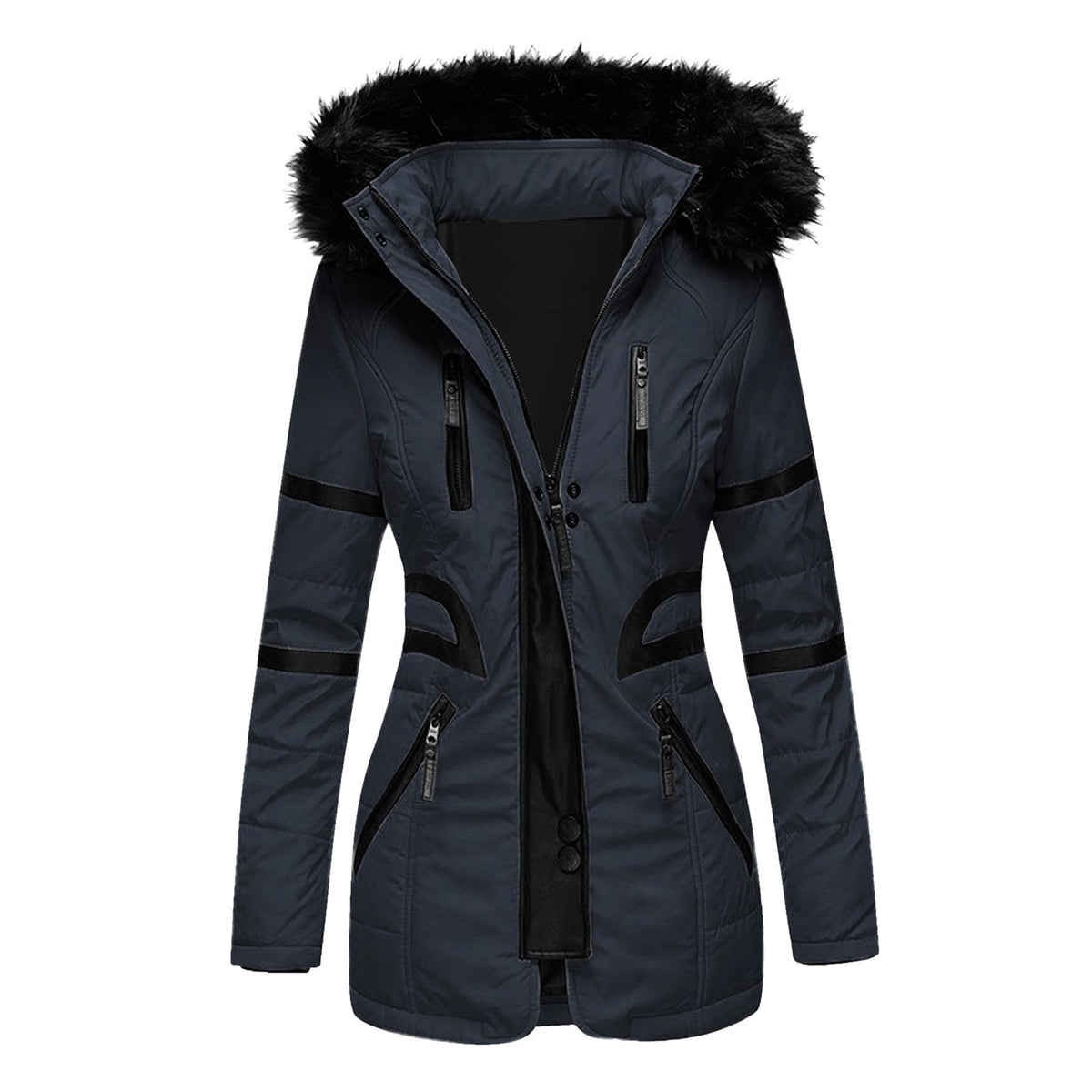 Women's hooded padded winter jacket with faux fur trim and multiple front pockets