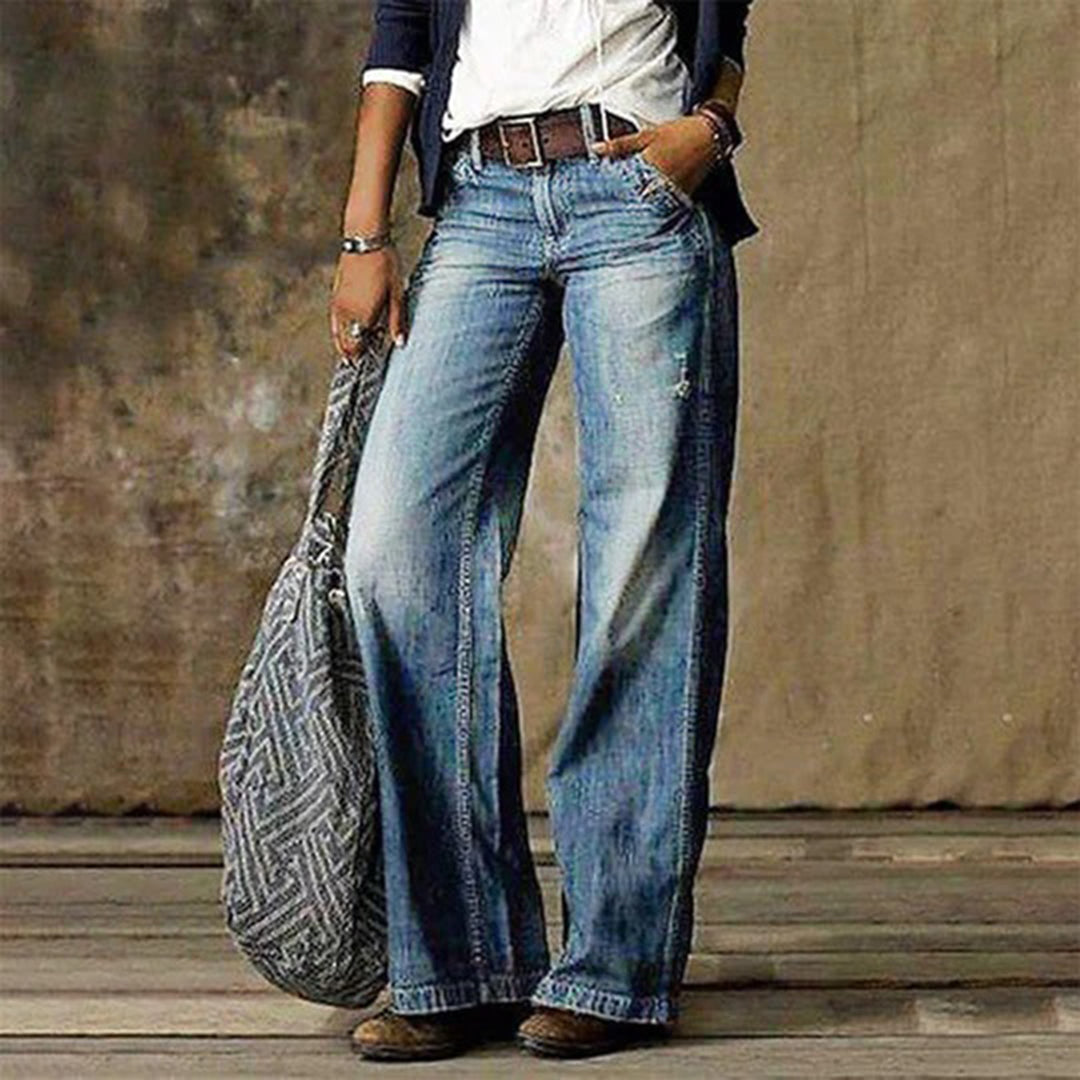 Women's high-waisted wide-leg jeans with belt loops and pockets