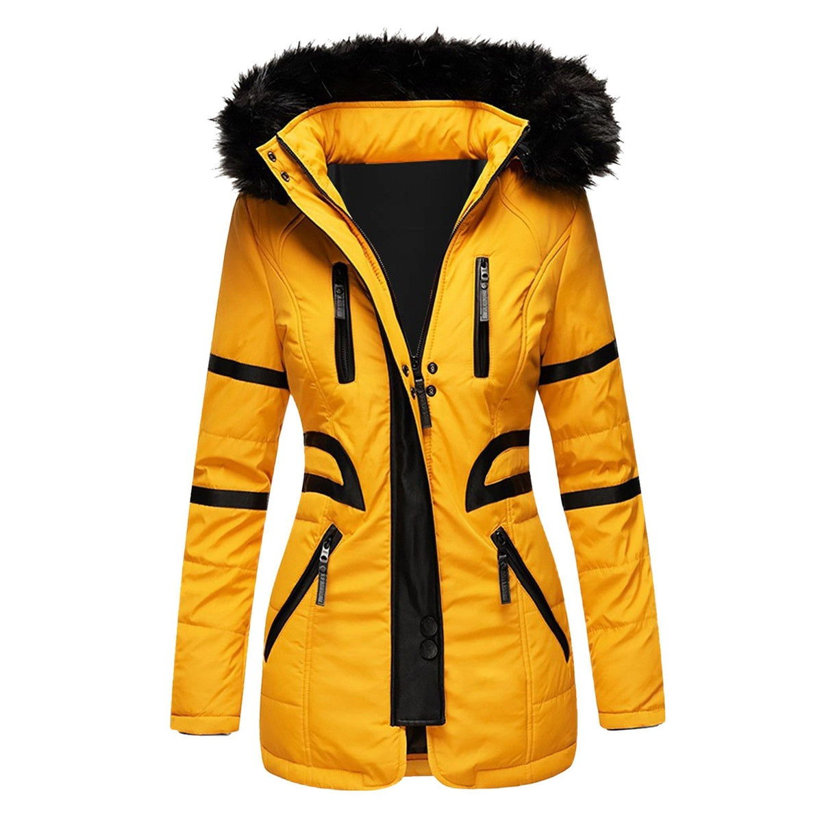 Women's hooded padded winter jacket with faux fur trim and multiple front pockets