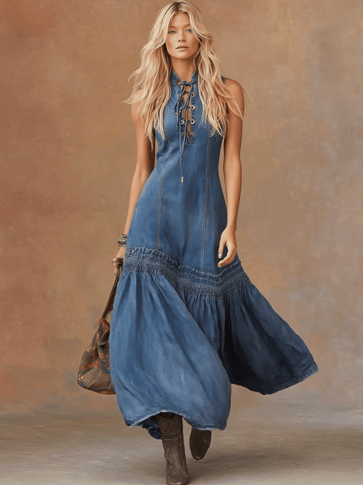 Women's Tie Neck Maxi Dress Sleeveless Bubble Hem Tailored Fit | Blue