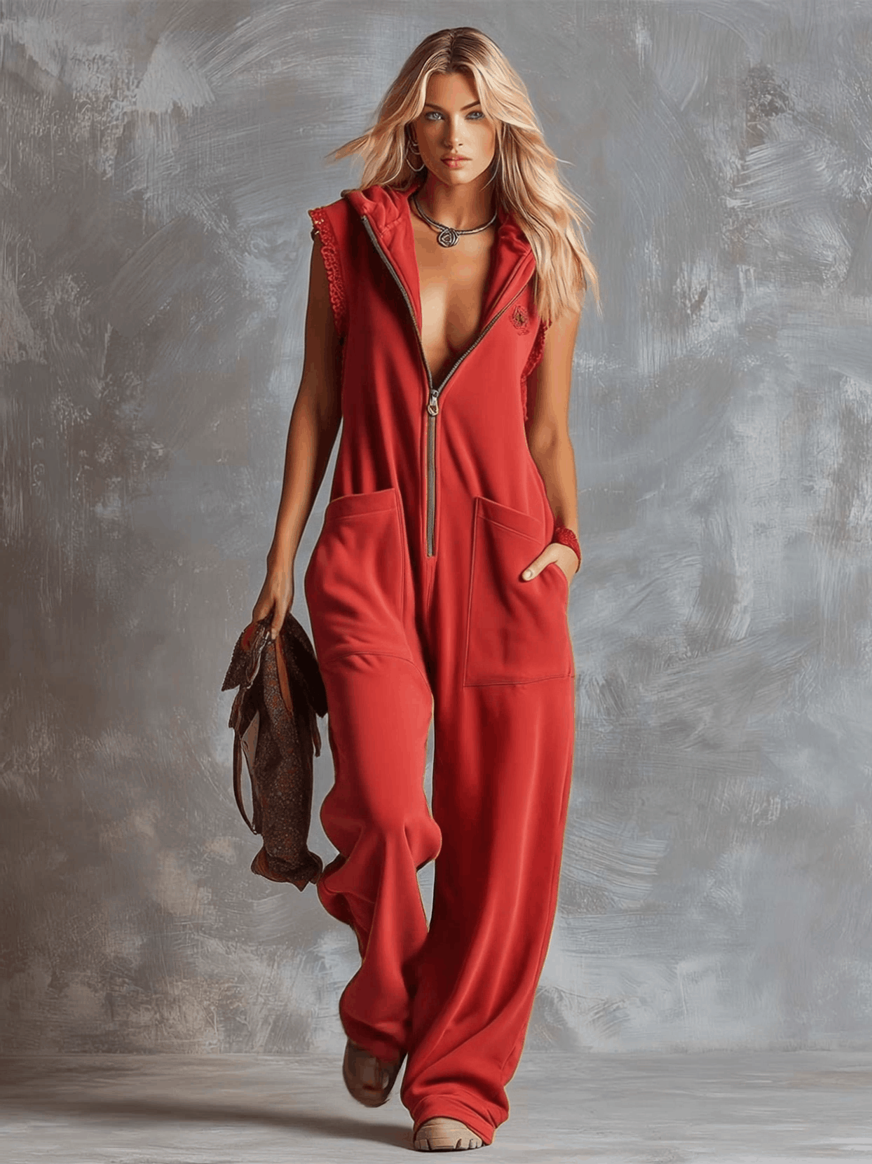 Women's Zip Jumpsuit Hooded Sleeveless Relaxed Fit Utility