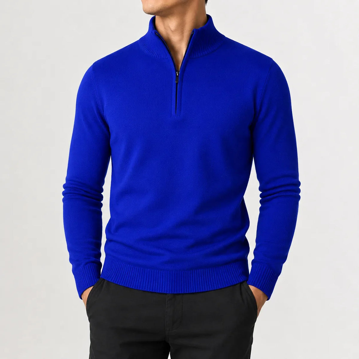 Men's long-sleeve mock neck zip-up jumper with ribbed trims