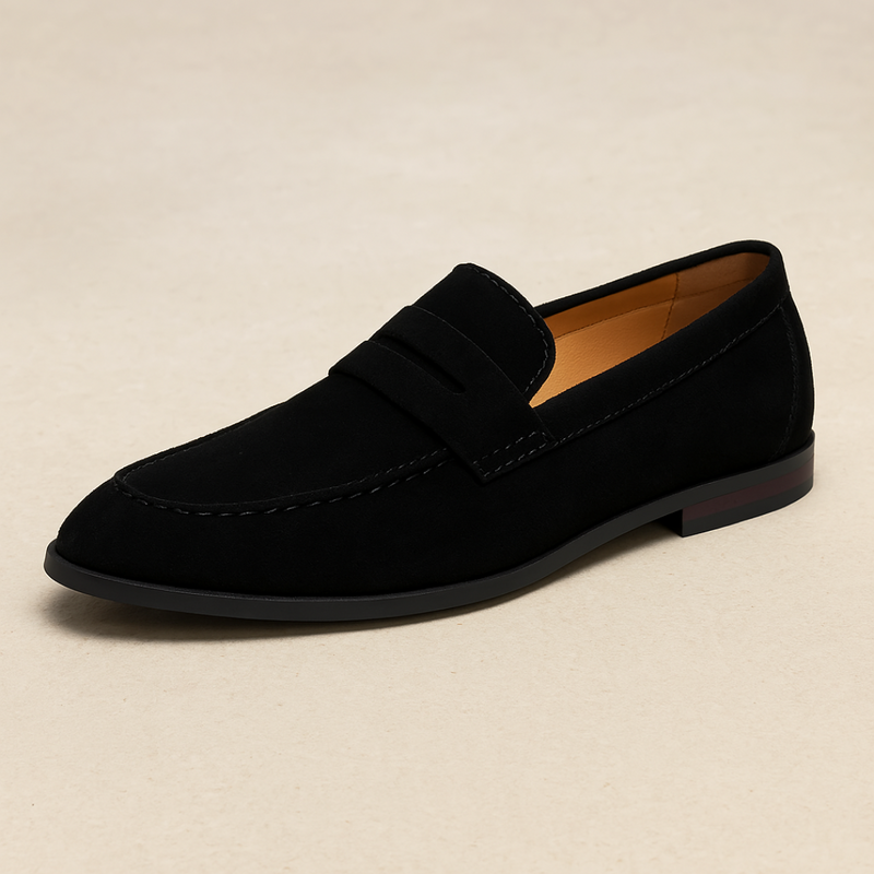 Men's penny loafers with moc-toe stitching, strap detail and low heel