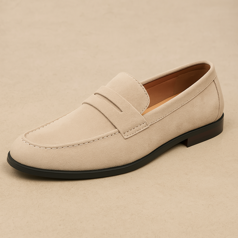 Men's penny loafers with moc-toe stitching, strap detail and low heel